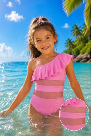 My Kids Wear Kız Çocuk Fırfır Ve Tül Detaylı Tek Parça Mayo. 12834 Pembe