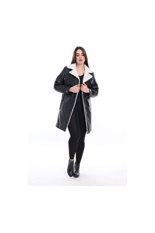 M M Marki Marki Kadın Deri Kaban, Siyah Kürk Yakalı, Uzun Şişme Kaban, Şık Ve 90 Cm Uzunluk - 111522