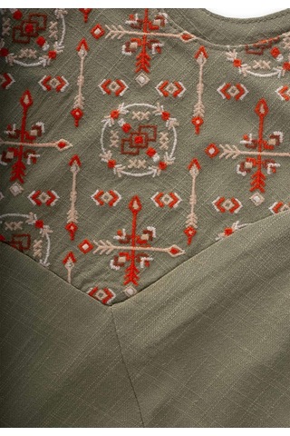 Cigit Roba Komple Nakışlı Keten Salopet 2-7 Yaş Haki Yeşil Haki