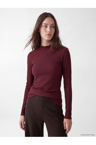 Lcw Modest Bordo Dik Yaka Kadın Fitilli Body