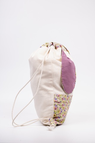 Fabric Craft Bag Çocuk Sırt Çantası Çiçek Desenli Figürlü Bez Model 33x44 Cm Astarlı Krem - Mor