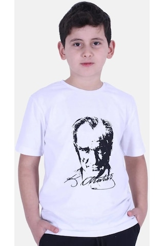Atatürk Baskılı İmzalı Beyaz Unisex Çocuk T-shırt-beyaz Beyaz