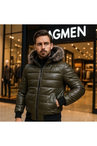 Zagmen Erkek Kürk Yaka Şişme Suni Deri Mont Haki