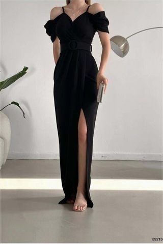 Lior Design Kadın Trend Krep Kumaş V Yaka Yırtmaçlı Abiye Elbise Siyah