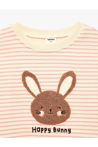 Koton Uzun Kollu Bisiklet Yaka Tavşan Nakış Detaylı Şardonlu Çizgili Sweatshirt Ekru Çizgili 7wmg10026ak
