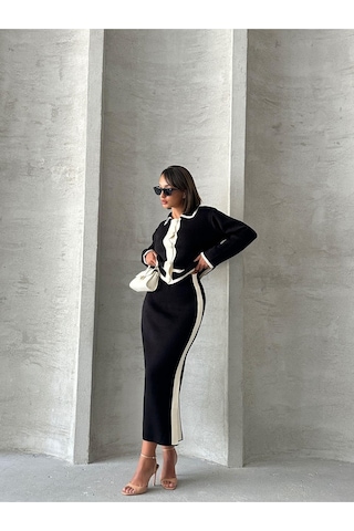 Kadın Inci Düğmeli Etekli Triko Takım Siyah