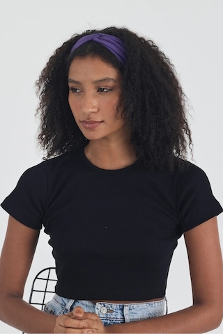 Siyah Kısa Kol Bisiklet Yaka Vücuda Oturan Kaşkorse Crop + Bandana Set %100 Pamumklu, Esnek Rahat Siyah-mor