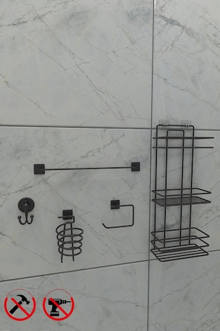 Alper Banyo Yapışkanlı Siyah 3 Katlı Banyo Rafı TŞ03 Jasmin Kağıtlık Uzun Havluluk Kare Fön Makinesi Askısı Lotus V Bornoz Askılık Siyah