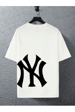 Adrift Unisex Yankees Özel Baskılı Oversize Penye Bisiklet Yaka T-shirt Beyaz