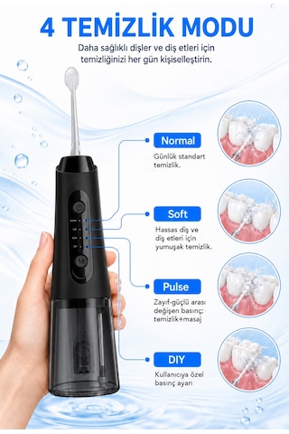 Şarjlı Ağız Duşu - 320ml Su Hazneli 5 Başlık 4 Çalışma Modlu Su Geçirmez Ağız Diş Dil Temizleyici Siyah