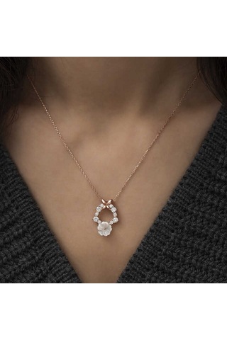 925 Ayar Gümüş Pembe Altın Kaplama Çiçek Tasarım Kadın Kolye Renkli