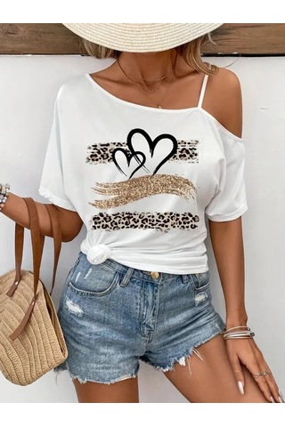 Kadın Tek Omuzu Açık Ip Askılı Baskılı Viskon Bluz Beyaz