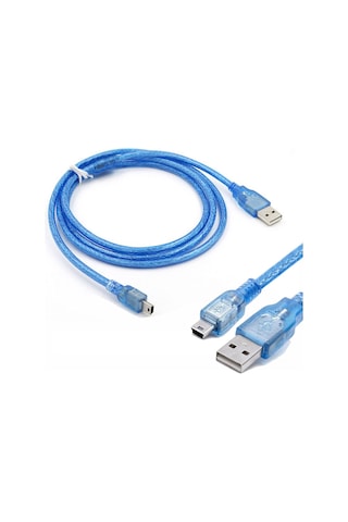 Mini Usb Kablo 5 Pin Mini Usb 2.0 Şeffaf Mavi Şarj Ve Data Kablosu 2m