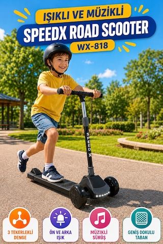 Antrasit Işıklı Müzikli Speedx Road Scooter Wx-818 3 Tekerlekli Çocuk Scooterı Geniş Dokulu Taban