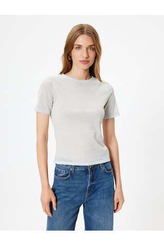 Koton Dokulu Kısa Kollu Tişört Bisiklet Yaka Slim Fit Gümüş 5wak50016uk Gümüş