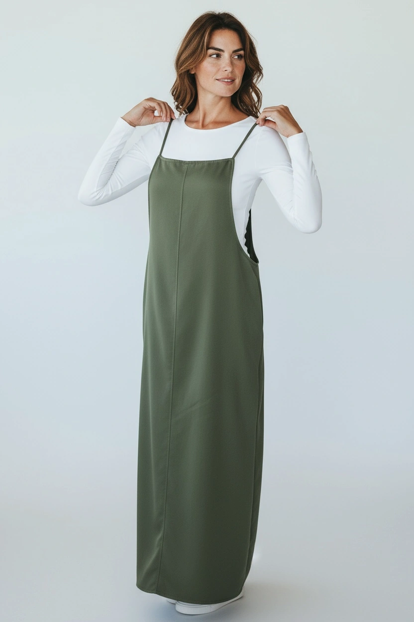 Kadın Ayarlanabilir İp Askılı Dabıl Kumaş Elbise Yeşil