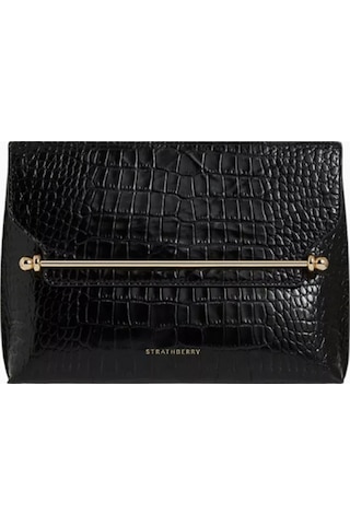 Strathberry Stylist Crossbody Clutch Siyah Kroko Deri Lüks Çanta, Günlük Ve Gece Kullanımı Omuz Çantası