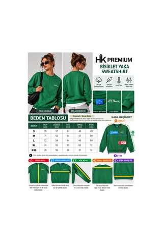 Hk Premium Sweatshirt Bisiklet Yaka Hk Premium Logolu Erkek Basic Yeşil