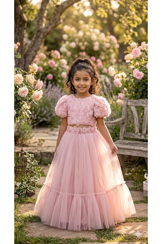 Star Kids Fashion Kız Çoçuk Pembe Güllü Detaylı Crop Elbise,kız Çoçuk Abiye Elbise