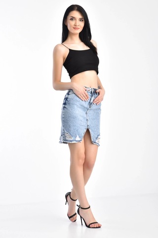 Açık Mavi Lazerli Yırtıklı Kar Yıkama Kot Etek 001