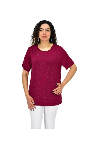 Kadın Viskon Taşlı Kısa Kol Bluz Bgl-st04679 Mürdüm