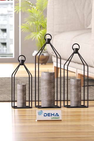 Metal Kafes 3 Lü Set Mumluk Fener Dekoratif Mumluk Ferforje Şamdan Siyah