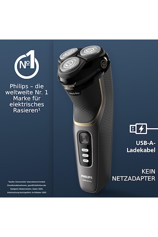 Philips Shaver Series 3000 - Erkekler İçin Elektrikli Tıraş Makinesi, Islak Ve Kuru Tıraş, Siyah, Skinprotect Teknolojili, Katlanabilir Sakal Kesme Makinesi, Şarj İstasyonu Ve Seyahat Çantası Model S3342/13