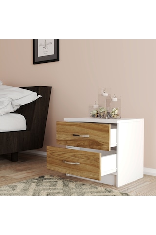 Moxen Mobilya Beyaz-Ceviz 2 Çekmeceli Komodin KMD2002