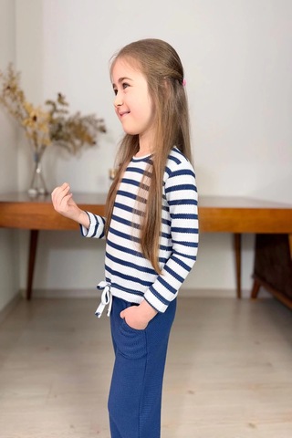 Çizgili Kız Çocuk Bol Paça Mevsimlik Mavi Renk Takım Mavi