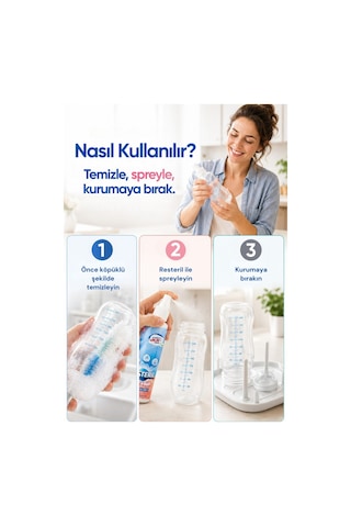 Resteril Biberon Temizleyici Alkolsüz Durulanmayan Saf Hipokloröz Biberon Sterilizatör Emzik Süt Pompası Hijyen Spreyi Bebek Dezenfektan Sprey Baby Kids 3 x 200 ML