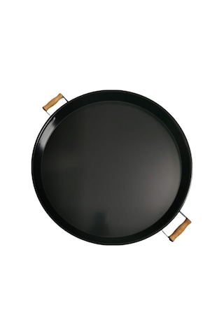 Qerhome Galvaniz 51 Cm Siyah Ahşap Kulplu Yuvarlak Tepsi Beyaz