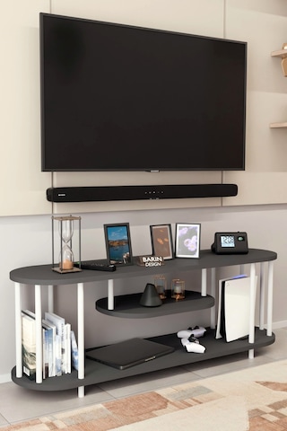Modern Tv Ünitesi Ahşap Raflı 2 Katlı Televizyon Sehpası Minimalist,dayanıklı, Tv Standı Beyaz Demir Antrasit
