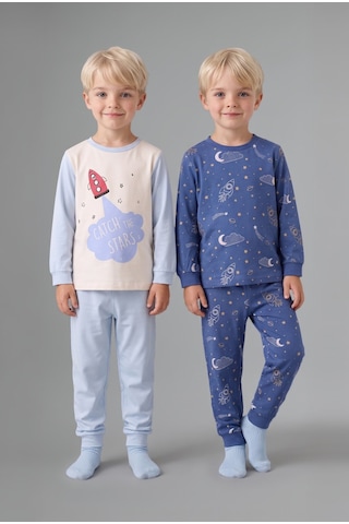 Defacto Uzay Desenli Uzun Kollu Üst Lastikli Paça 4lü Pijama Takımı Erkek Bebek I1441a526aube343 Mavi-be343