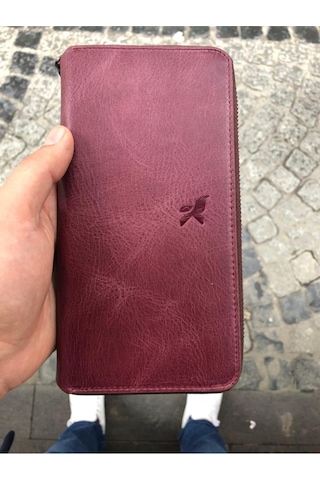 Karalı Deri Unisex Bordo Hakiki Deri Telefon Bölmeli Kartlıklı Cüzdan El Portföyü Bordo