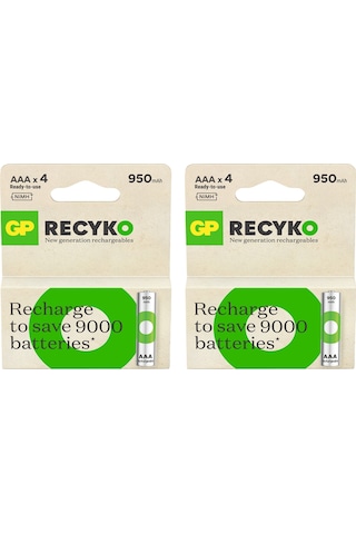 GP ReCyko 1000 Serisi 950 mAh AAA Ni-MH Şarj Edilebilir İnce Kalem Pil 4 x 2'li