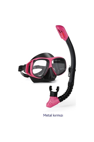Profesyonel Şnorkel İki Parçalı Silikon Tam Kuru Şnorkel Büyük Çerçeve Sis Geçirmez Dalış Gözlüğü Seti Kırmızı