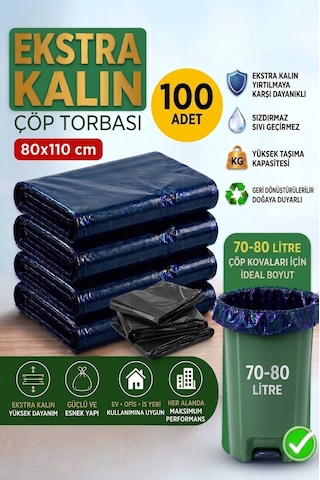 80x110 Cm Extra Kalın Siyah Endüstriyel Çöp Poşeti - 100 Adet / Ağır Hizmet Tipi