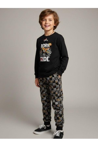 Zekids Erkek Çocuk Pamuklu Born To Ride Baskılı Pijama Takımı-16820 Siyah