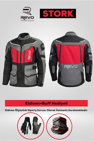 Revo Stork Kırmızı 4 Mevsim Unisex Motosiklet Montu + Eldiven Ve Buff
