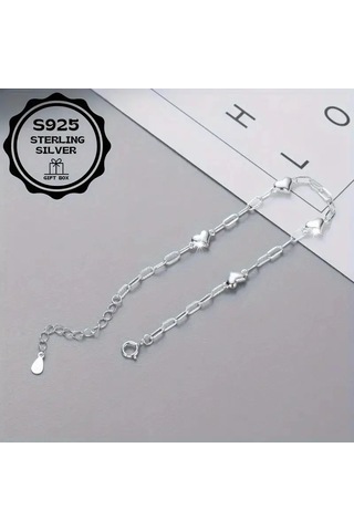 Heart Chain 925 Ayar Sade Şık Zincir Kalpli Gümüş Bileklik Çok Renkli