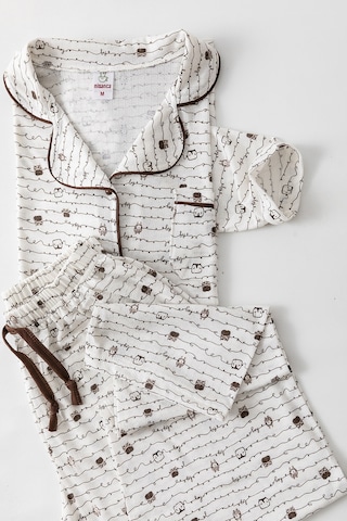 Nisanca Uzun Kol Gömlek Yaka Kadın Pinterest Pijama Takımı - Mevsimlik Kadın Pijama- Geniş Beden Aralığı Kahve
