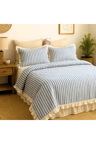 Mavi-bej % 100 Pamuk Fırfır İplik Boyalı Çift Kişilik Nevresim Takımı,modern Çizgili Nevresım Seti Mavi - Bej