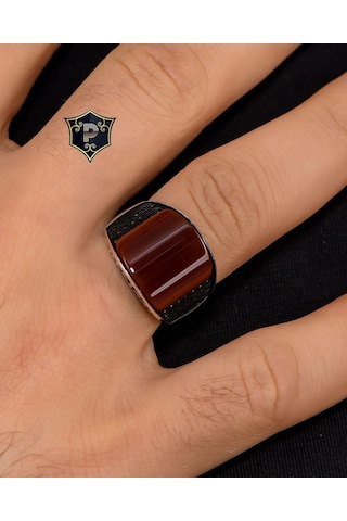 Prestij Gümüş 925 Ayar Gümüş Akik Taşlı Zirkon Taş Süslemeli Erkek Yüzüğü