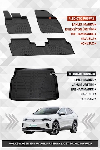 Sahler Volkswagen Id.4 2020+ Uyumlu 4.5d Premium Havuzlu Oto Paspas Ve Liner Marka 3d Üst Bagaj Havu