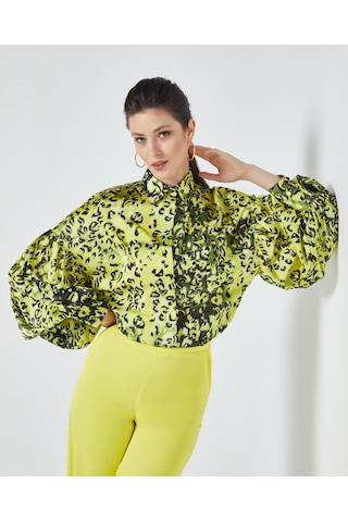 Kadın Leopar Desenli Gömlek - Balon Kol - Saten - Modern Ve Şık Tasarım - Günlük Ve Özel Gün Kullanımı İçin Gömlek Sarı