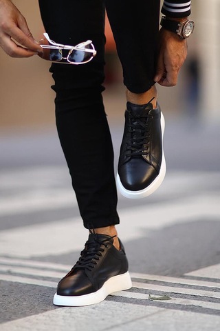 Shoetyle - Siyah Hakiki Deri Bağcıklı Erkek Sneaker 101-7039-1259 Siyah