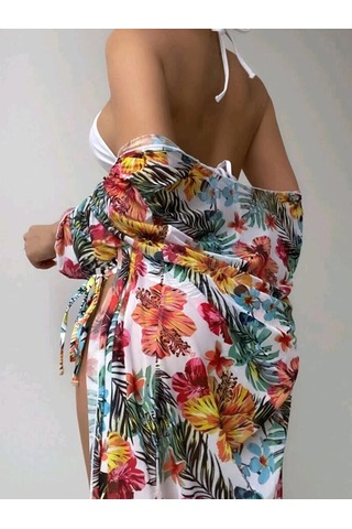 Bölünme Bikini Baskılı İpli Yüksek Bel Mayo Beyaz