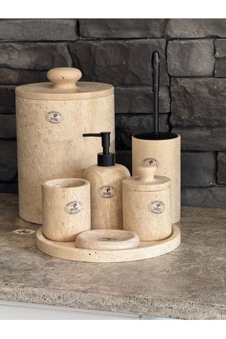 Yeni Traverten Doğaltaş Kendinden Kulplu 7'li Banyo Seti Büyük Çöp Kovalı 26x20 Beyaz