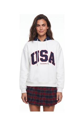 Onloox Kadın Beyaz Beyaz Pamuklu Kapüşonlu Salaş Kesim Usa Nakış İşlemeli Şardonlu Sweatshirt