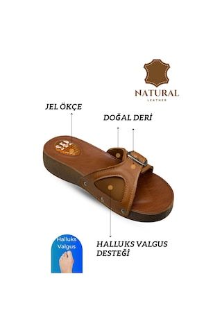 Sermoda Hakiki Deri Kadın Terlik - Halluks Valgus Destekli Jel Taban Kadın Terlik Taba